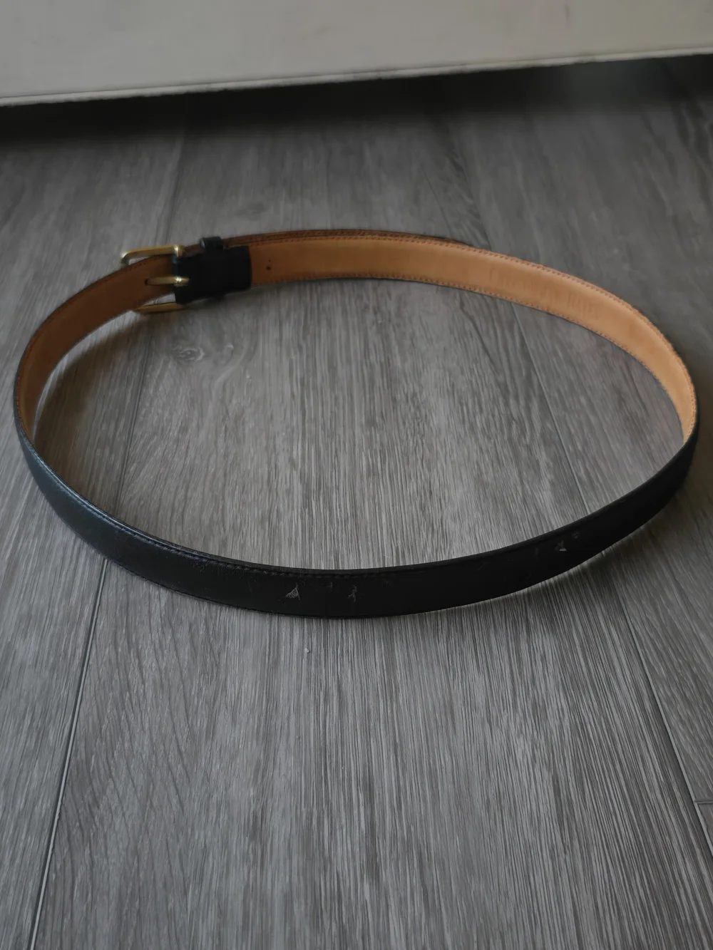 Christopher Hayes Black Leather Belt Solid Brass Buckle Sz 34 Vintage Dress Belt